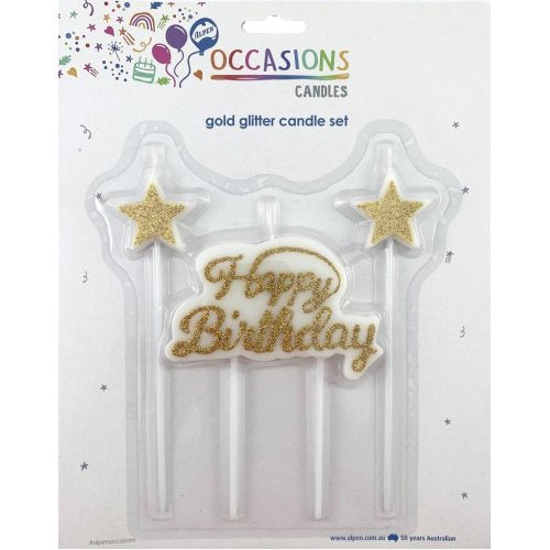 Happy Birthday Candle Plaque +Stars Glitter Gold 1 Set