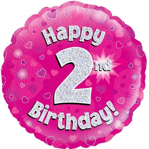 Foil Balloon 18"(45cm) Pink Holographic Happy 2nd Bday Round P1