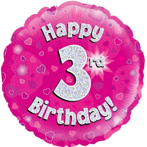 Foil Balloon 18"(45cm) Pink Holographic Happy 3rd Bday Round P1