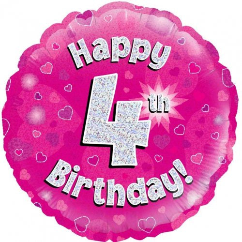 Foil Balloon 18"(45cm) Pink Holographic Happy 4th Bday Round P1