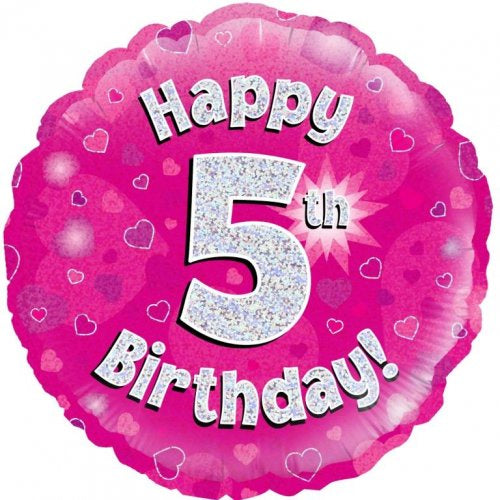 Foil Balloon 18"(45cm) Pink Holographic Happy 5th Bday Round P1
