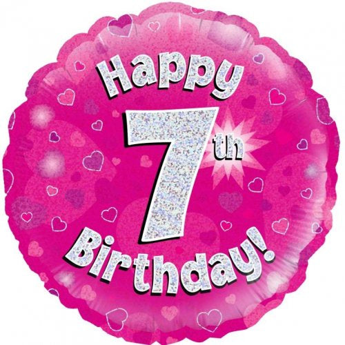Foil Balloon 18"(45cm) Pink Holographic Happy 7th Bday Round P1