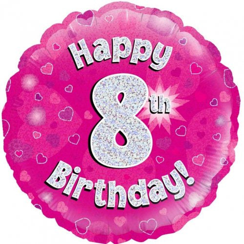 Foil Balloon 18"(45cm) Pink Holographic Happy 8th Bday Round P1