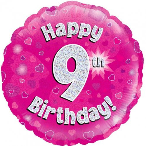 Foil Balloon 18"(45cm) Pink Holographic Happy 9th Bday Round P1