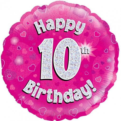Foil Balloon 18"(45cm) Pink Holographic Happy 10th Bday Round P1