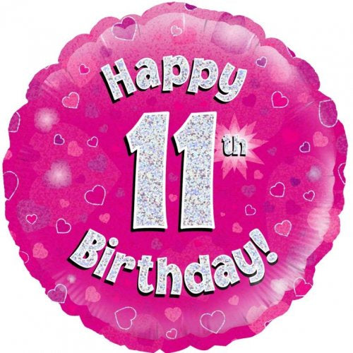Foil Balloon 18"(45cm) Pink Holographic Happy 11th Bday Round P1