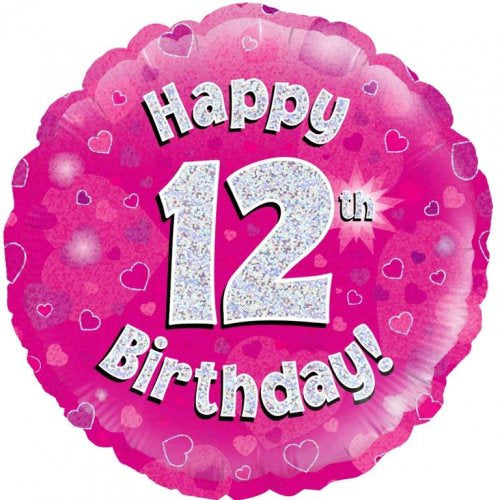 Foil Balloon 18"(45cm) Pink Holographic Happy 12th Bday Round P1