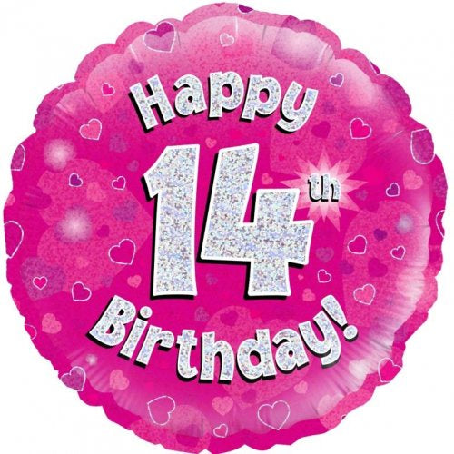 Foil Balloon 18"(45cm) Pink Holographic Happy 14th Bday Round P1