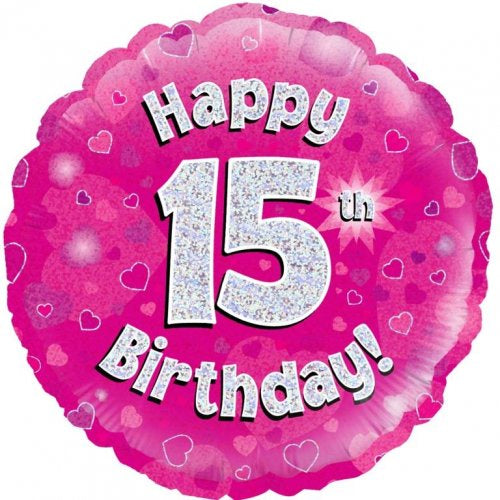Foil Balloon 18"(45cm) Pink Holographic Happy 15th Bday Round P1