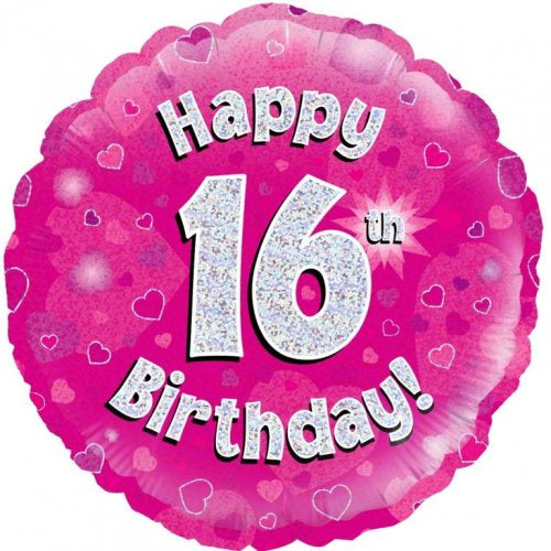 Foil Balloon 18"(45cm) Pink Holographic Happy 16th Bday Round P1