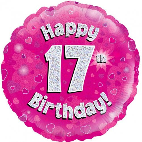 Foil Balloon 18"(45cm) Pink Holographic Happy 17th Bday Round P1