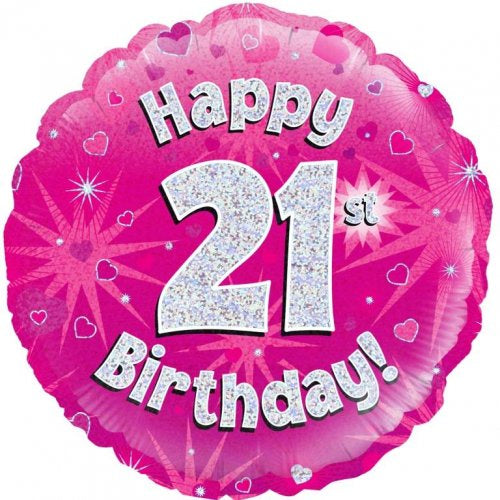Foil Balloon 18"(45cm) Pink Holographic Happy 21st Bday Round P1
