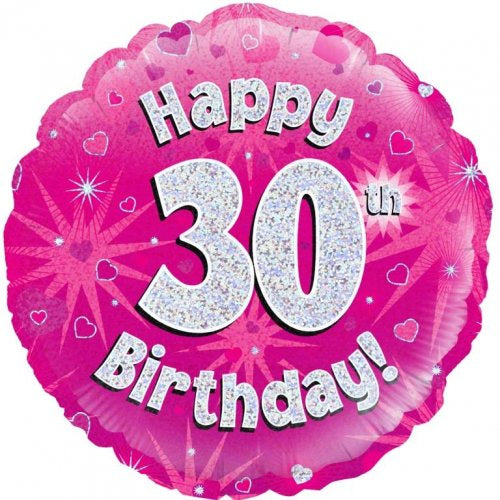 Foil Balloon 18"(45cm) Pink Holographic Happy 30th Bday Round P1