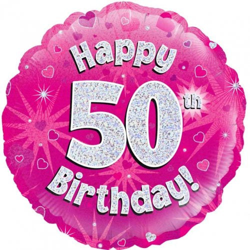Foil Balloon 18"(45cm) Pink Holographic Happy 50th Bday Round P1