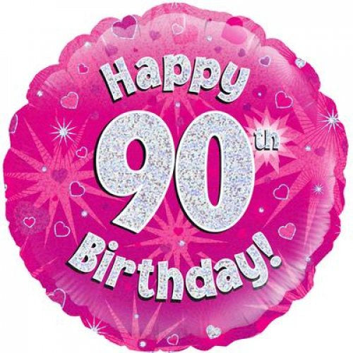 Foil Balloon 18"(45cm) Pink Holographic Happy 90th Bday Round P1