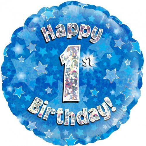 Blue Holographic Happy 1st Bday Round P1