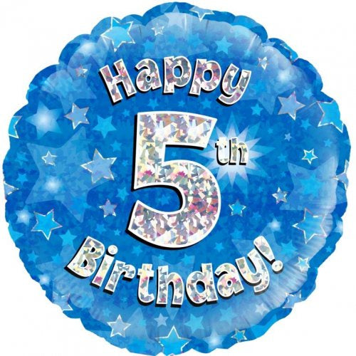 Blue Holographic Happy 5th Bday Round P1