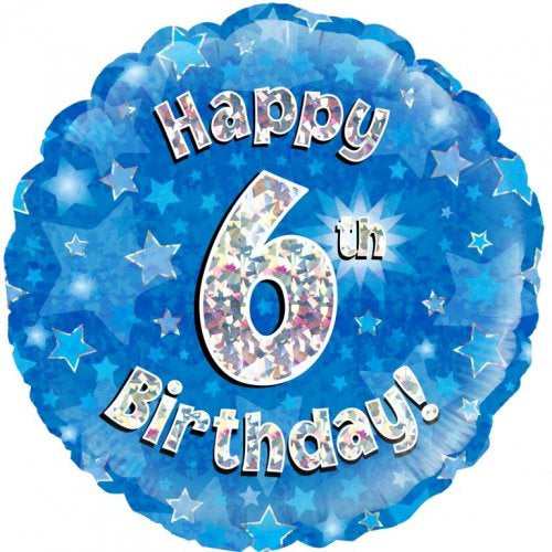 Blue Holographic Happy 6th Bday Round P1
