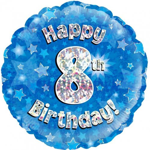 Blue Holographic Happy 8th Bday Round P1