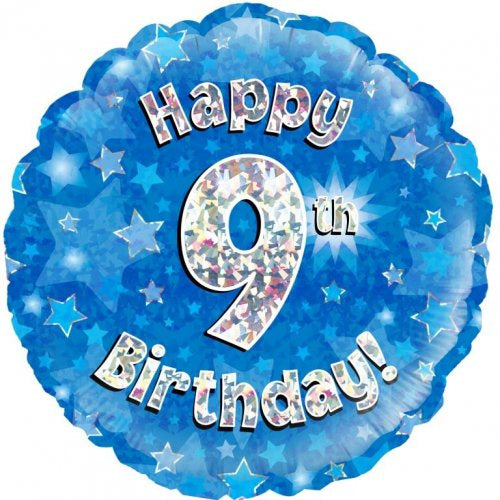 Blue Holographic Happy 9th Bday Round P1