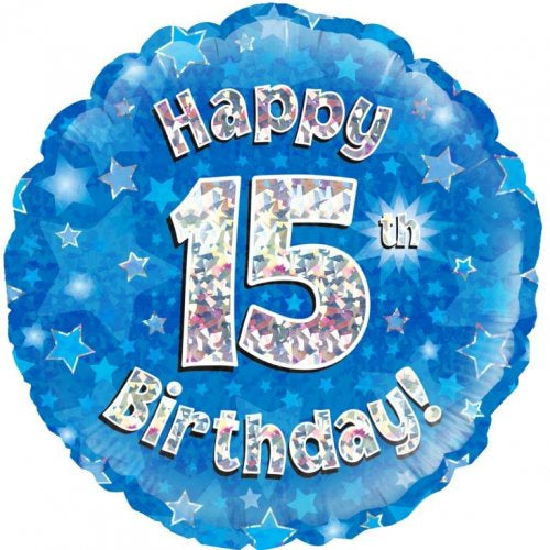 Blue Holographic Happy 15th Bday Round P1