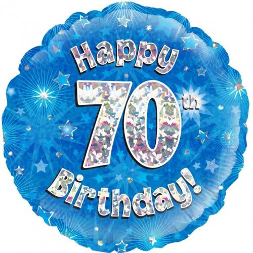 Blue Holographic Happy 70th Bday Round P1