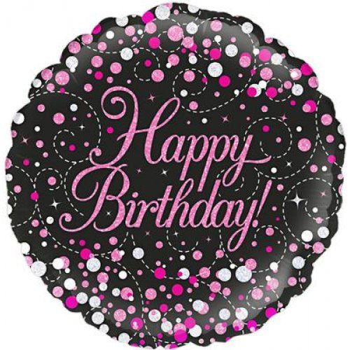 Sparkling Fizz Black & Pink Happy Birthday 18" (45cm) Round Foil Balloon