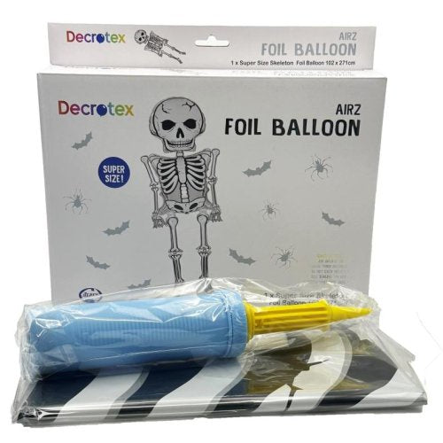 Airz Giant Skeleton Foil Balloon 2.7m Tall with Pump – Halloween Party Decoration