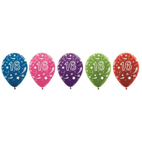Latex Printed Balloons 16th Birthday Latex Printed Balloons Metallic 30cm Bag of 50