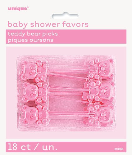 Pink Plastic Baby Shower Teddy Bear Picks Pack Of 18