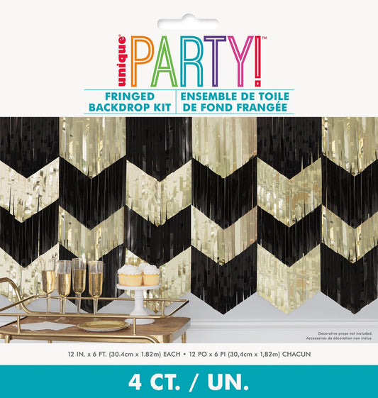 SCALLOP FRINGED BACKDROP KIT - 4 BLACK & GOLD FOIL FRINGES 30.4CM X 1.21M EACH