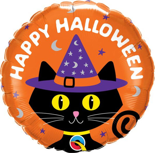 18" ROUND FOIL PRINT HALLOWEEN BLACK CAT & HAT