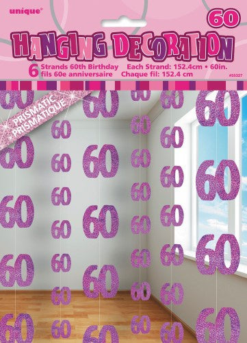 Glitz Pink 6 Hanging Decorations 60th Birthday 1.5m