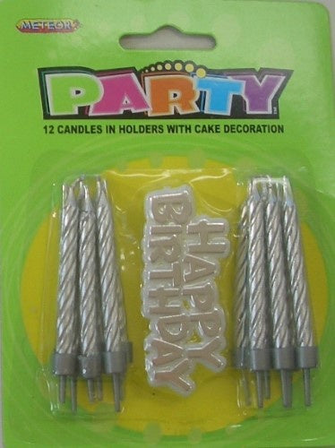 Silver Birthday Candles Pack Of 12 And Plastic Happy Birthday Cake Topper