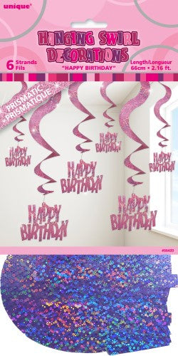 Glitz Pink 6 Hanging Swirls Decorations Happy Birthday