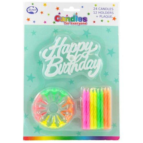 24 NEON CANDLES 12 HOLDERS HAPPY BIRTHDAY PLAQUE