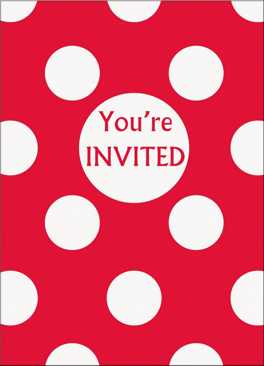 Dots Ruby Red Invitations – Pack of 8 Party Invites (9.7 x 13.6cm / 5.3" x 3.8")