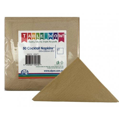 Kraft Cocktail Napkin 25x25cm 2ply Pack of 50