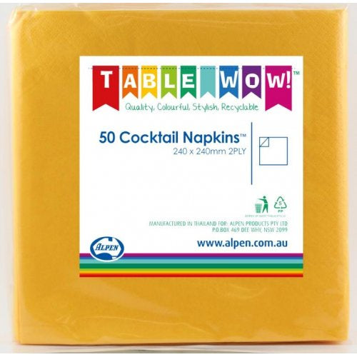 COCKTAIL NAPKINS YELLOW 25CM X 25CM PACK OF 50