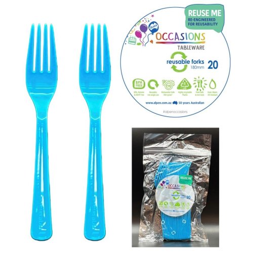 Reusable PP5 Plastic Forks Azure Blue 190mm Pack of 25 Durable Dishwasher Safe