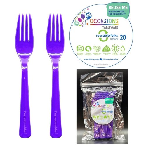 Reusable Purple Plastic Forks 190mm Pack of 20 Durable PP5 Party Cutlery