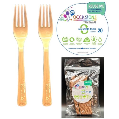 Reusable Rose Gold Plastic Forks 190mm Pack of 20 Durable PP5 Party Cutlery