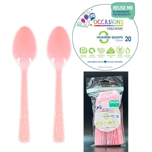 Reusable Light Pink Plastic Spoons 170mm Pack of 20 Durable PP5 Party Cutlery