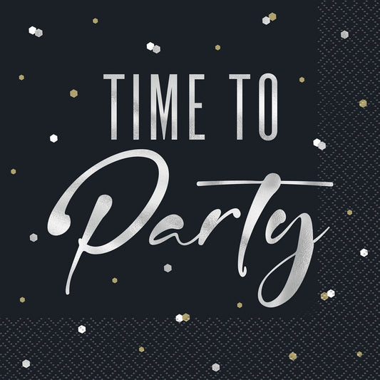 Silver Birthday 16 Foil Stamped "Time To Party" Luncheon Napkins 2ply 33cm x 33cm (13" x 13")