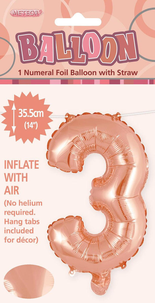 Rose Gold "3" Foil Balloon - 14 Inch (35cm) Number Three Birthday Decoration for Parties & Celebrations