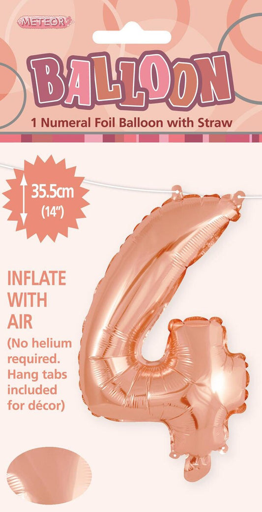 Rose Gold "4" Foil Balloon - 14 Inch (35cm) Number Four Birthday Decoration for Parties & Celebrations