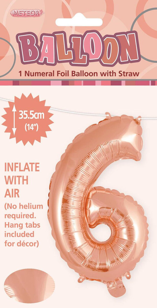 Rose Gold "6" Foil Balloon - 14 Inch (35cm) Number Six Birthday Decoration for Parties & Celebrations