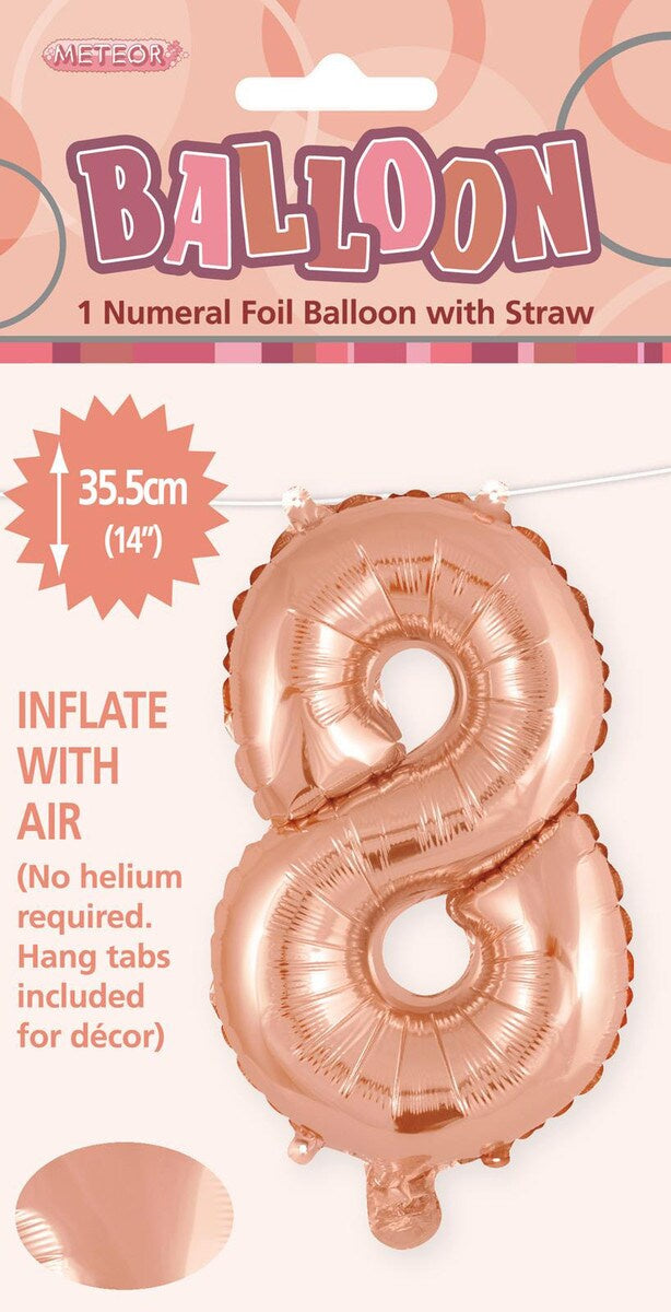 Rose Gold "8" Foil Balloon - 14 Inch (35cm) Number Eight Birthday Decoration for Parties & Celebrations
