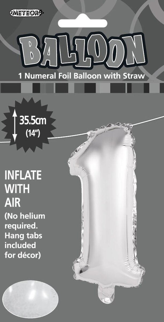 Silver "1" Foil Balloon - 14 Inch (35cm) Number One Birthday Decoration for Parties & Celebrations