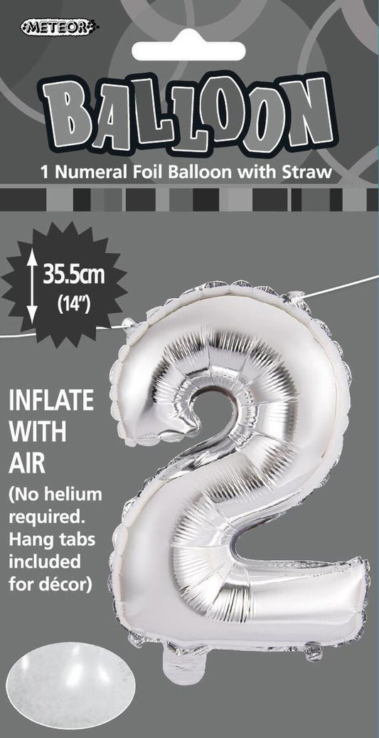 Silver "2" Foil Balloon - 14 Inch (35cm) Number Two Birthday Decoration for Parties & Celebrations